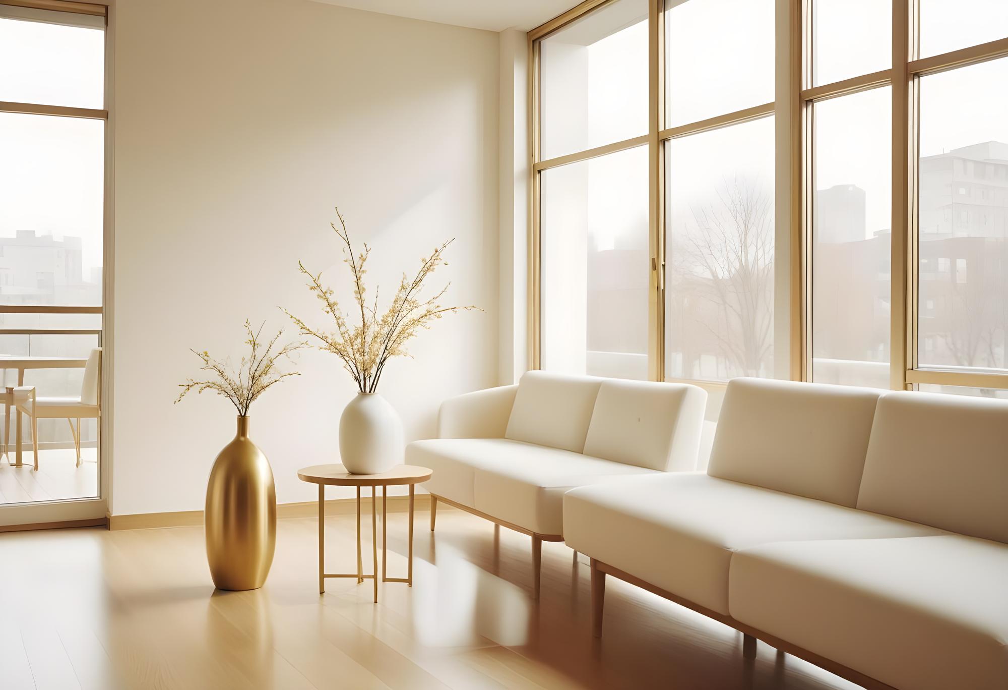 Living luminos într-un apartament modern cu finisaje calde